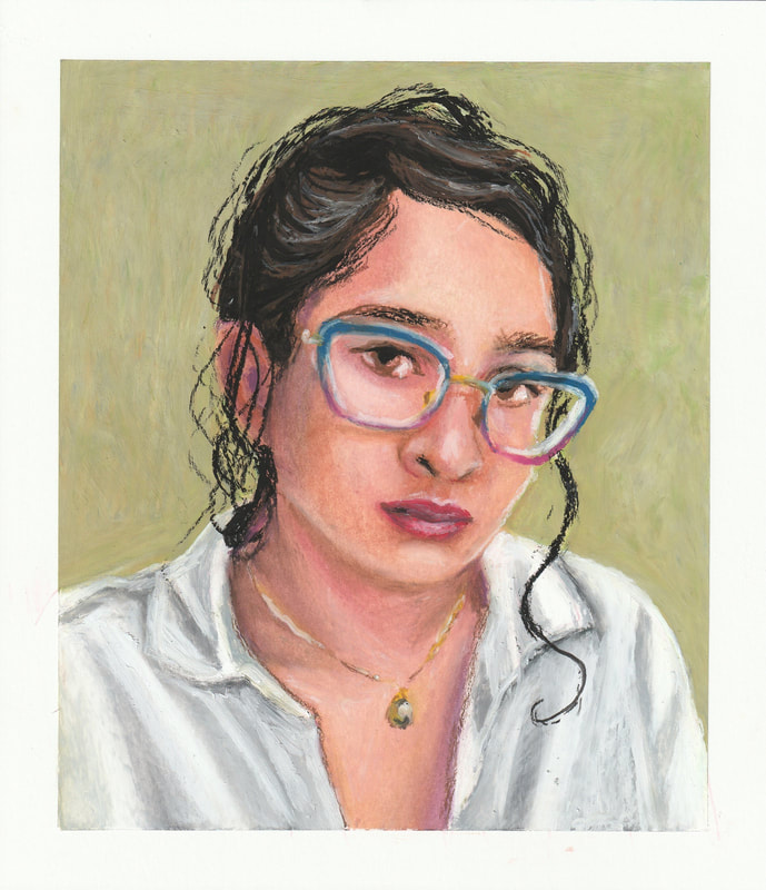Oil pastel painting of a girl with glasses looking at the viewer