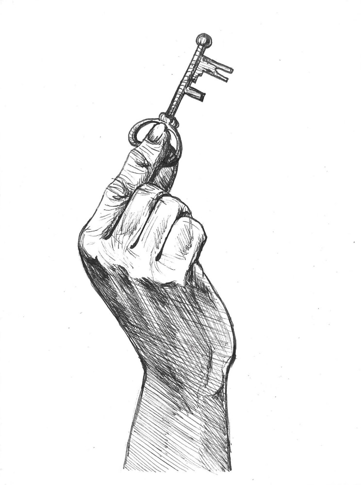 Ink drawing of a hand holding a key. 
