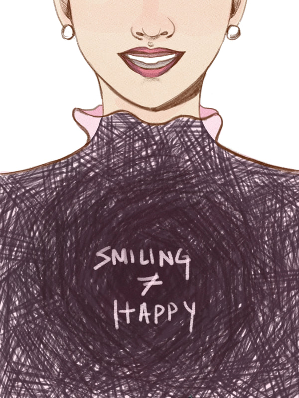 A young woman smiling with text across her chest that says "Smiling does not equal Happy"