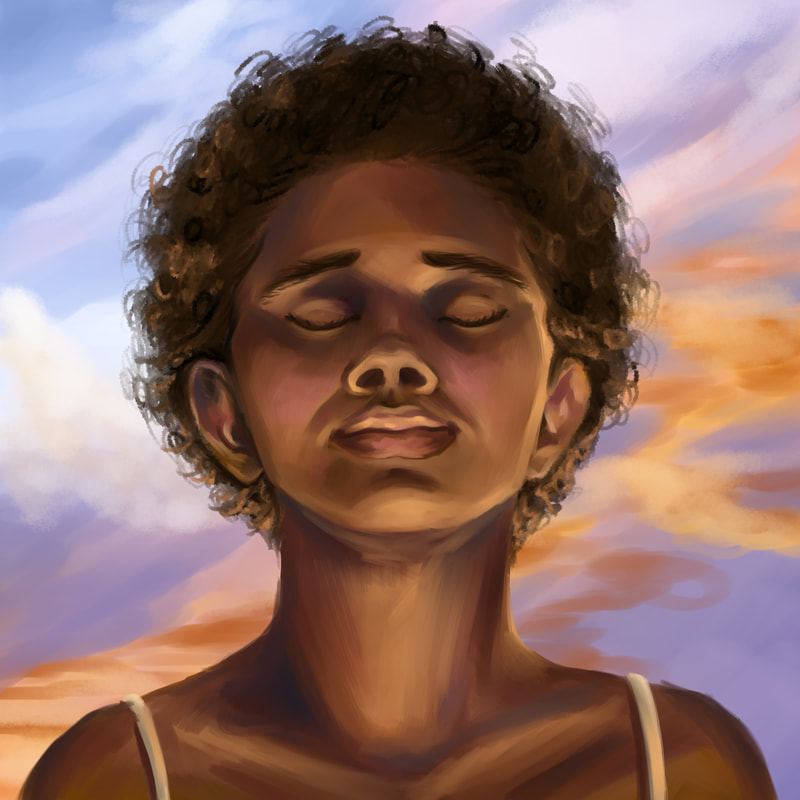 Digital portrait of a black girl with a sunset behind her.