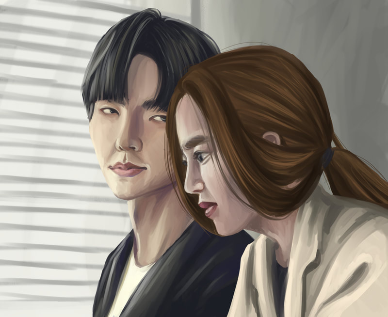 Digital painting of an Asian man looking at an Asian woman as she looks out the window. 