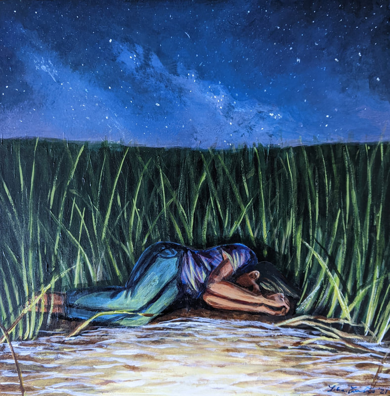 A painting of a girl laying by a shining lake at the edge of a grassy field. 