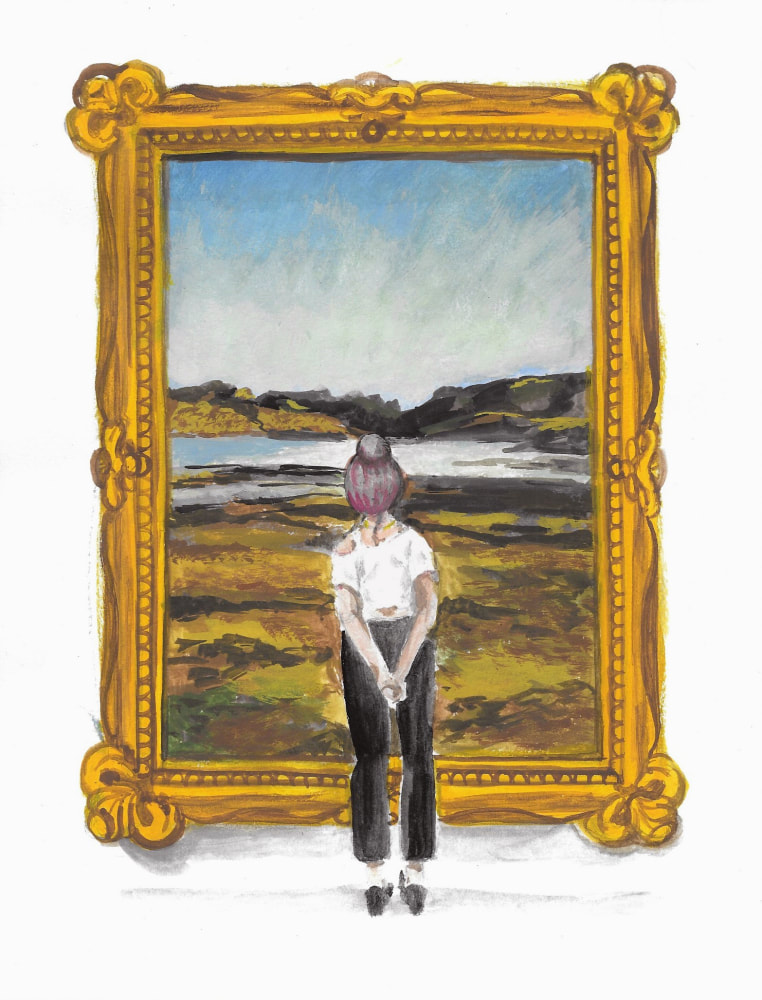 Gouache painting of a girl standing before a framed landscape painting. 