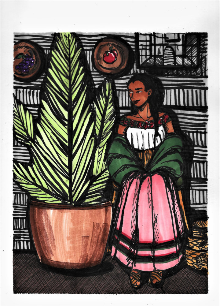 Ink illustration of a Mexican girl sitting beside a plant.