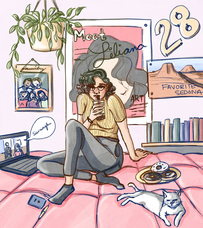 Digital illustration of a girl in her room with a white cat. 