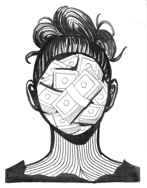 A drawing of a head filled with money