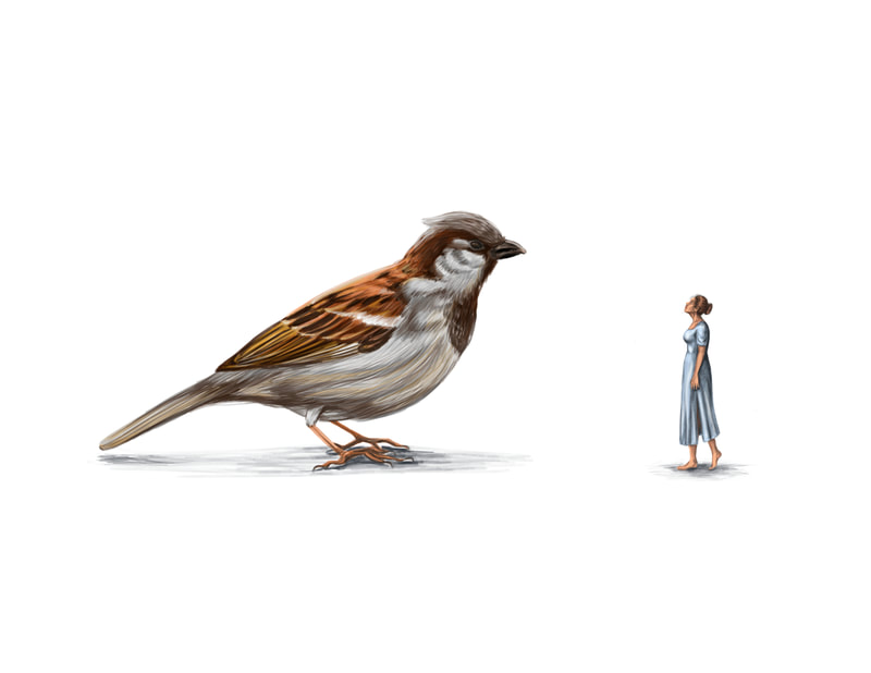 Digital illustration of a girl looking at a large bird.