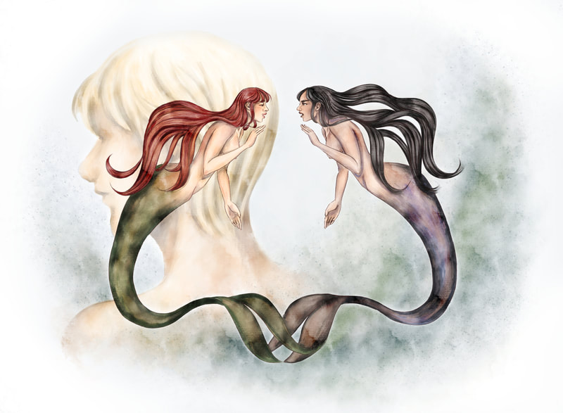 Digital illustration of two mermaids whispering to each other based on When Water Sang Fire.