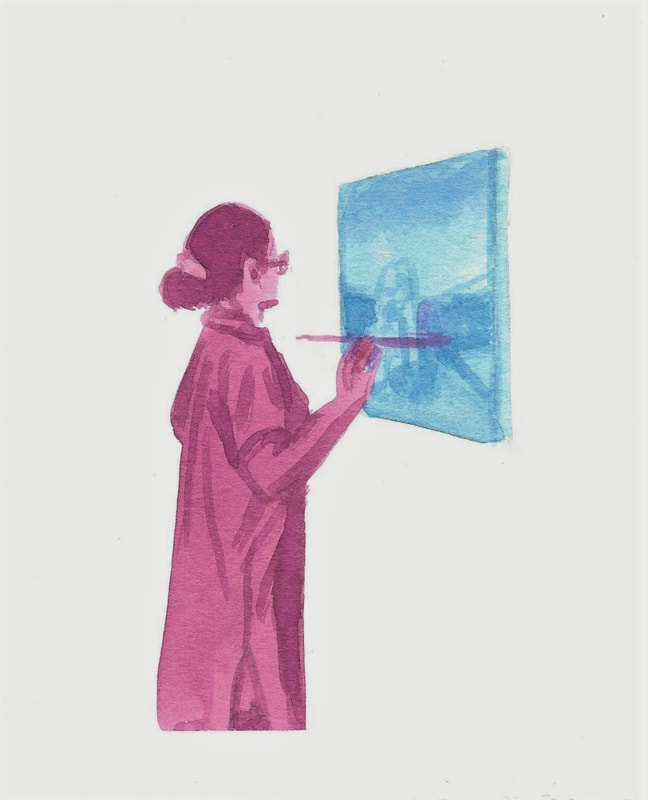 A painting of a girl standing before a painting with a brush in her hand