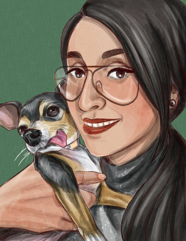 A portrait of a young woman wearing glasses holding up her chihuahua to her face