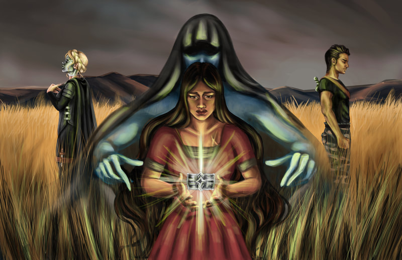 Digital illustration of a woman holding a shining object with three people standing behind her in a field. Based on A Torch Against the Night. 