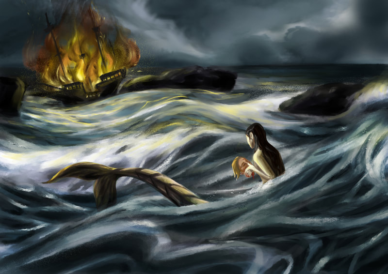 A digital painting of a siren holding a human head while a ship burns in the background
