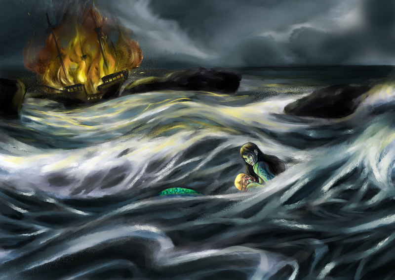 Digital painting of a burning ship and a siren holding a sailor in the water. 