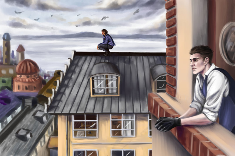 Digital illustration for Six of Crows of Kaz looking out a window and Inej on a rooftop.